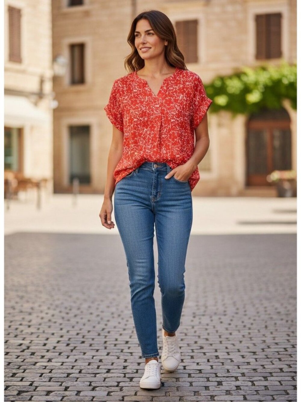 Kim Rogers Womens Red Floral Print V-Neck Top XXL Lightweight Rayon Blend